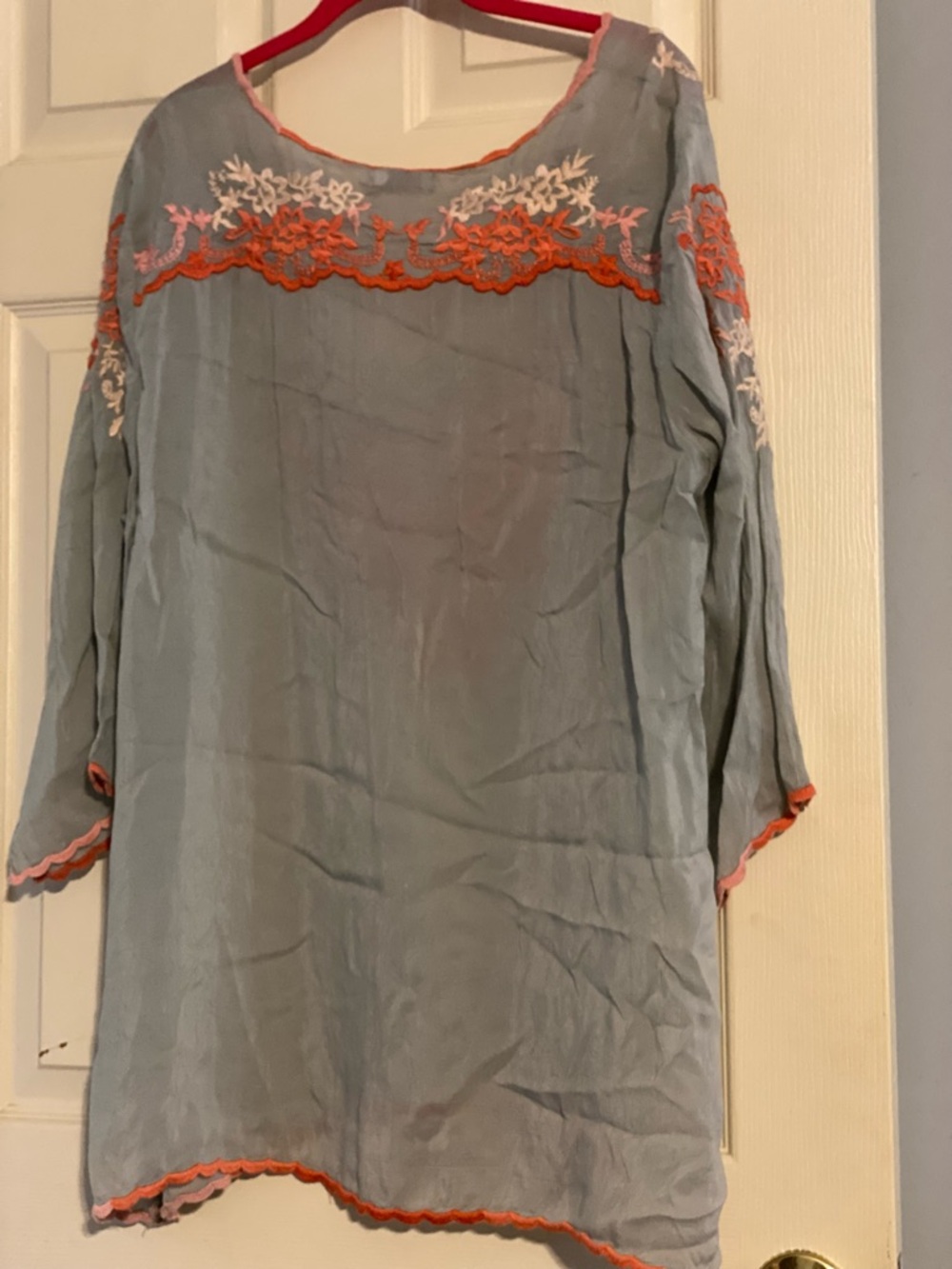 Johnny Was Light Blue Tunic with Coral and Cream Embroidery, Size XL - Picture 3 of 8